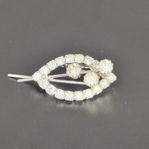 Vintage Silver-Tone Brooch with Clear Rhinestones, Double Oval Design